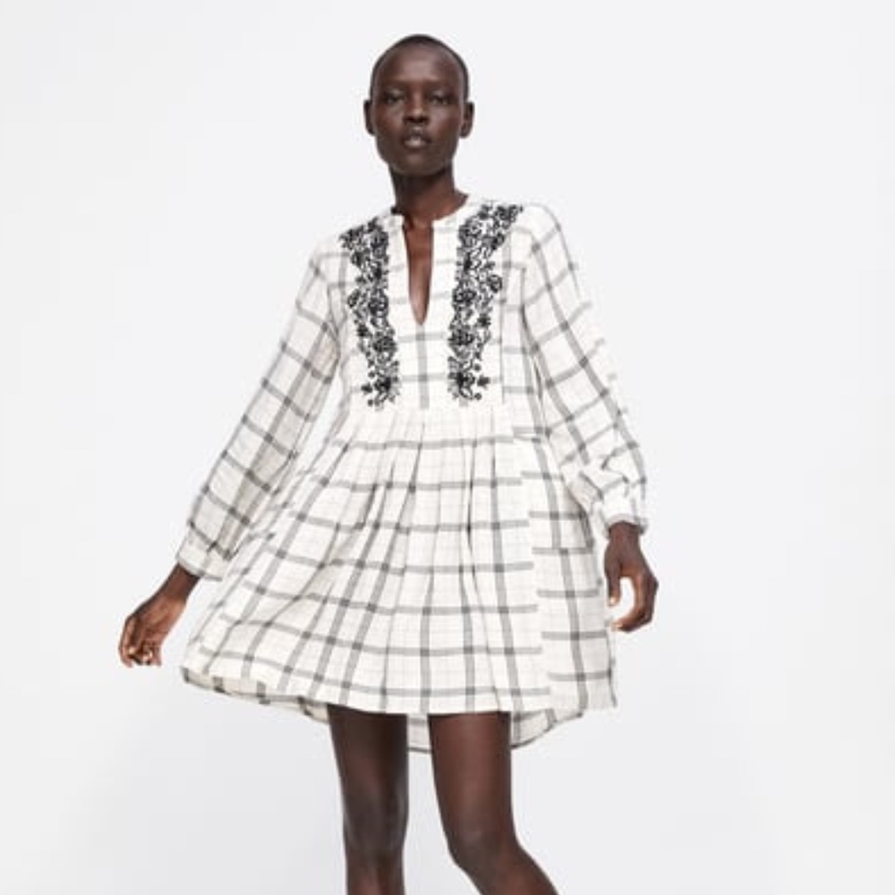 EMBROIDERED CHECKERED DRESS